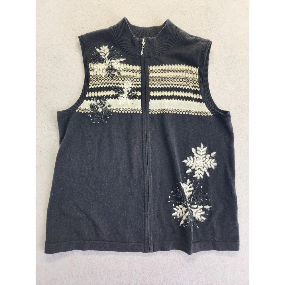 CJ Banks Black Snowflake Fair Isle Beaded Zip Up Sweater Vest Size X